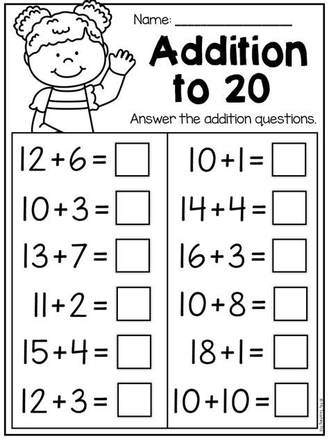 Addition to 20 worksheets with pictures .